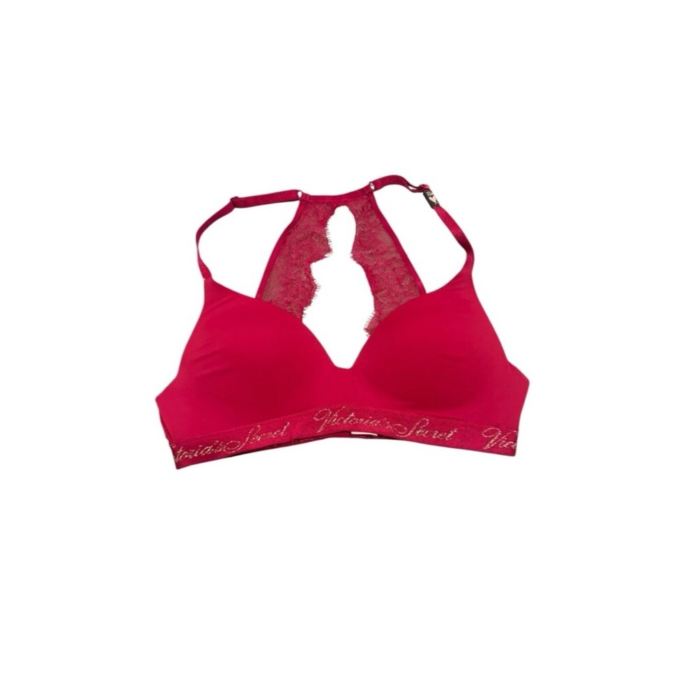 NWT Victoria’s Secret Lace Racerback Bra 32B Red Pink Lightly Lined Wireless